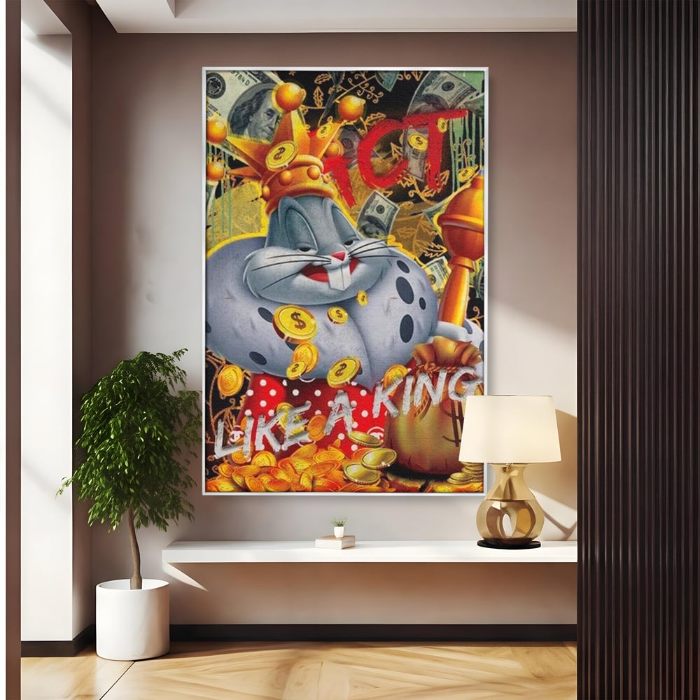Tablou canvas cu tablou canvas cu bugs bunny rege, in rama de aluminiu argintiu